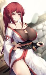 Rule 34 | 1girl, bad id, bad pixiv id, bare shoulders, breasts, collarbone, cowboy shot, ddangbi, fishnets, hand on own hip, highres, japanese clothes, kimono, large breasts, long hair, long sleeves, looking at viewer, obi, original, ponytail, red eyes, red hair, sash, sheath, sheathed, sidelocks, smile, solo, sword, weapon, white kimono, wide sleeves