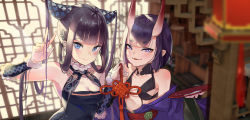Rule 34 | 2girls, absurdres, alcohol, backlighting, bare shoulders, black dress, blue eyes, blunt bangs, blush, bob cut, breasts, china dress, chinese clothes, cleavage, closed mouth, cup, detached sleeves, double bun, dress, eyeliner, fang, fate/grand order, fate (series), hair bun, hair ornament, highres, holding, holding own hair, horns, huo ji shu, japanese clothes, kimono, long hair, long sleeves, looking at viewer, makeup, medium breasts, multiple girls, off shoulder, oni, parted lips, purple eyes, purple hair, purple kimono, revealing clothes, sakazuki, sake, sash, short eyebrows, short hair, shuten douji (fate), sidelocks, skin-covered horns, small breasts, smile, tassel, twintails, very long hair, wide sleeves, yang guifei (fate), yang guifei (second ascension) (fate)