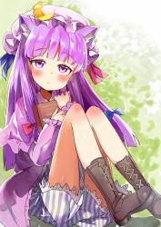 Rule 34 | 1girl, animal ears, atage, blush, book, boots, cat ears, crescent, crescent hair ornament, cross-laced footwear, hair ornament, hair ribbon, hat, kemonomimi mode, lace-up boots, long hair, looking at viewer, mob cap, hugging object, patchouli knowledge, purple eyes, purple hair, ribbon, sitting, solo, touhou