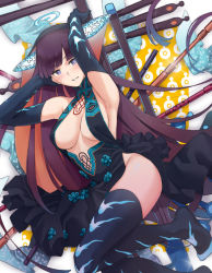 Rule 34 | 1girl, armpits, arms up, bare shoulders, black dress, black gloves, black thighhighs, blue eyes, blunt bangs, breasts, center opening, china dress, chinese clothes, dress, elbow gloves, fate (series), gloves, hair ornament, halo, large breasts, long hair, looking at viewer, lying, on back, parted lips, purple hair, saruno (eyesonly712), side slit, solo, thighhighs, very long hair, yang guifei (fate), yang guifei (third ascension) (fate)