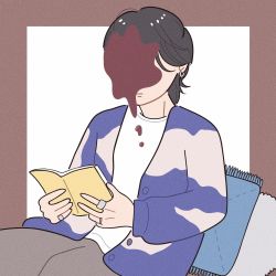 Rule 34 | 1boy, bad id, bad twitter id, black hair, book, border, brown border, brown pants, covered face, dripping, earrings, highres, hoppe illust, jewelry, long sleeves, open book, original, pants, pillow, ring, shirt, short hair, solo, valentine, white background, white shirt
