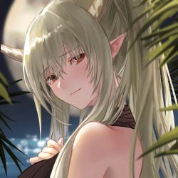 Rule 34 | 1girl, arknights, bare back, black one-piece swimsuit, blue background, demon horns, female focus, from behind, grey hair, hair between eyes, hand on own chest, hasegawamorito, highres, horns, long hair, looking at viewer, looking back, official alternate costume, one-piece swimsuit, plant, pointy ears, red eyes, shining (arknights), shining (silent night) (arknights), solo, swimsuit, water