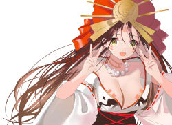 Rule 34 | 1girl, bare shoulders, bead necklace, beads, breasts, brown hair, cleavage, double v, facial mark, fate/grand order, fate (series), forehead, headpiece, highres, himiko (fate), himiko (third ascension) (fate), japanese clothes, jewelry, kimono, large breasts, long hair, long sleeves, looking at viewer, magatama, magatama necklace, necklace, no bra, off shoulder, open mouth, parted bangs, sideboob, smile, tsukise miwa, v, white kimono, wide sleeves, yellow eyes