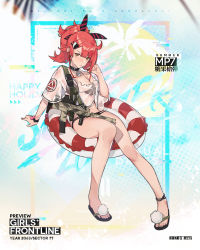 Rule 34 | 1girl, ankle strap, arm support, bikini, black bikini, blush, bracelet, camouflage, candy, character name, choker, copyright name, crop top, crop top overhang, damaged, dinergate (girls&#039; frontline), dog tags, earphones, food, full body, girls&#039; frontline, groin, gun, h&amp;k mp7, hair ornament, hair ribbon, head tilt, heckler &amp; koch, innertube, jewelry, logo, lollipop, looking at viewer, machine pistol, mouth hold, mp7 (girls&#039; frontline), mp7 (lollipop ammo) (girls&#039; frontline), navel, official alternate costume, official art, open mouth, personal defense weapon, playing with own hair, ponytail, rainli, red hair, ribbon, sandals, see-through, sidelocks, sitting, solo, standing, stomach, strap, submachine gun, suppressor, swim ring, swimsuit, torn clothes, tsurime, v-shaped eyebrows, weapon, yellow eyes