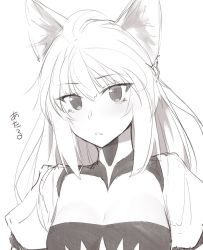Rule 34 | 1girl, ahoge, animal ears, atalanta (fate), braid, breasts, cat ears, cleavage, fate/apocrypha, fate (series), french braid, greyscale, head tilt, highres, ibuki notsu, long hair, looking at viewer, monochrome, parted lips, puffy short sleeves, puffy sleeves, short sleeves, simple background, small breasts, solo, upper body, white background