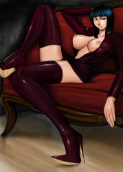 Rule 34 | 1girl, arm behind head, black hair, blue eyes, blunt bangs, boots, breasts, breasts out, couch, crossed legs, dress, from side, grin, half-closed eyes, high heel boots, high heels, huge breasts, indoors, knee up, komii, large breasts, long sleeves, looking to the side, miniskirt, nico robin, nipples, no bra, one piece, open clothes, open dress, open shirt, purple footwear, purple thighhighs, reclining, shirt, shoes, short dress, short hair, sitting, skirt, smile, solo, stiletto heels, thigh boots, thighhighs, zettai ryouiki