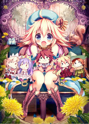 Rule 34 | 1girl, :o, ahoge, akabane (zebrasmise), alex bartral, animal ears, backpack, bag, bare shoulders, bench, beret, between legs, bird, blonde hair, blue eyes, blush, boots, bow, buttons, character doll, collar, cross-laced footwear, dandelion, dog ears, doll, estherty toria fureisurain, fangs, flipped hair, flower, gloves, hair between eyes, hand between legs, happy, hat, hat bow, kaze to lute no shirabe ni nosete, knee boots, knees together feet apart, large buttons, long hair, md5 mismatch, off shoulder, official art, open mouth, original, selestina fuiara fureisurain, shieiraira maira fureisurain, short hair, sitting, smile, solo, squirrel, stuffed toy, uroppo gyaroppo maruoppo, v arms