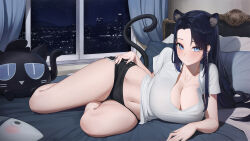 Rule 34 | 1girl, animal ear fluff, animal ears, bed, black hair, black shorts, blue eyes, blush, breasts, building, cat ears, cat girl, cat tail, cityscape, cleavage, curtains, earrings, hantata, highres, indoors, jewelry, korean commentary, large breasts, long hair, looking at viewer, lying, mole, mole under mouth, night, on bed, on side, original, shirt, short shorts, short sleeves, shorts, smile, solo, stuffed animal, stuffed toy, tail, very long hair, white shirt, window