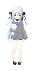 Rule 34 | 1girl, :d, ahoge, black footwear, black ribbon, blue bow, blue hair, blue skirt, blush, bow, cardigan, crescent, full body, gradient hair, grey cardigan, hair between eyes, hair ribbon, holding, holding stuffed toy, long hair, long sleeves, looking at viewer, mary janes, multicolored hair, muri (virtuareal), nijisanji, official art, open mouth, pink hair, plaid, plaid bow, plaid skirt, pleated skirt, ribbon, sailor collar, shiratama (shiratamaco), shoes, skirt, smile, socks, solo, standing, stuffed toy, tachi-e, two side up, virtual youtuber, virtuareal, white sailor collar, white socks, yellow eyes