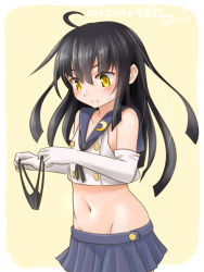 Rule 34 | 1girl, ahoge, black hair, black neckerchief, black panties, blue sailor collar, blue skirt, cleft of venus, commentary request, cosplay, crescent, crescent pin, crop top, dress, elbow gloves, gloves, groin, highleg, highleg panties, holding, holding clothes, holding panties, holding underwear, kantai collection, long hair, microskirt, mikazuki (kancolle), neckerchief, one-hour drawing challenge, panties, pleated dress, ray.s, sailor collar, shimakaze (kancolle), shimakaze (kancolle) (cosplay), skirt, solo, underwear, unworn panties, white gloves, yellow eyes