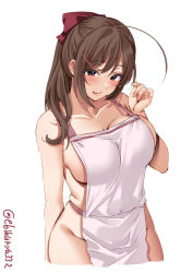 Rule 34 | 1girl, :p, ahoge, alternate costume, apron, bare shoulders, blush, bow, breasts, brown hair, cleavage, collarbone, cowboy shot, cropped legs, ebifurya, hair bow, hair ornament, hair ribbon, hairclip, highres, kantai collection, large breasts, long hair, looking at viewer, mamiya (kancolle), naked apron, one-hour drawing challenge, ponytail, ribbon, sideboob, simple background, solo, tongue, tongue out, twitter username, white background