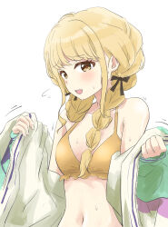 Rule 34 | 1girl, absurdres, bikini, blonde hair, blush, braid, breasts, commentary request, fang, fujita kotone, gakuen idolmaster, highres, idolmaster, imonoiruku, jacket, looking at viewer, medium breasts, multicolored clothes, multicolored jacket, navel, open clothes, open jacket, simple background, skin fang, solo, sweat, swimsuit, twin braids, upper body, white background, yellow bikini