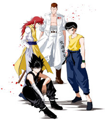 Rule 34 | 4boys, bandages, bandaged arm, bandages, bare pectorals, black hair, brown hair, closed mouth, coat, delinquent, full body, hands in pockets, hiei, highres, kurama (yu yu hakusho), kuwabara kazuma, long hair, looking at viewer, male focus, multiple boys, official style, open clothes, open coat, pectorals, petals, pompadour, red hair, sarashi, simple background, sleeveless, spiked hair, sunburst, urameshi yuusuke, white background, yuu yuu hakusho