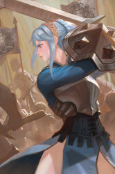 Rule 34 | 1girl, armor, armored dress, blue dress, blue hair, braid, breastplate, brown hairband, commentary, crown braid, dress, flag, greatsword, hairband, holding, holding sword, holding weapon, knight, lips, long sleeves, parted lips, pelvic curtain, pink lips, profile, shield, short hair, sidelocks, sword, unicorn overlord, virginia (unicorn overlord), weapon, yagaminoue