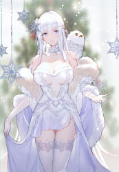 Rule 34 | 1girl, azur lane, bare shoulders, bird, blue eyes, breasts, cleavage, collarbone, detached collar, dress, elbow gloves, fur trim, gloves, highres, illustrious (azur lane), large breasts, long hair, looking at viewer, owl, smile, swd3e2, thighhighs, very long hair, white dress, white gloves, white hair, white thighhighs