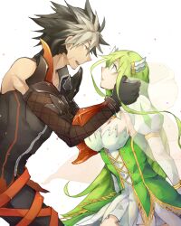 Rule 34 | 1boy, 1girl, black hair, breasts, cleavage, couple, elf, elsword, grand archer (elsword), green eyes, green hair, large breasts, long hair, mechanical arms, multicolored hair, nan (nanyayyay), open mouth, pointy ears, raven cronwell, reckless fist (elsword), rena erindel, scar, single mechanical arm, smile, spiked hair, two-tone hair, white hair, yellow eyes