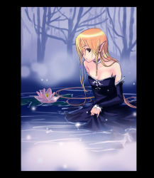 Rule 34 | 1girl, bare shoulders, blonde hair, braid, brown eyes, choker, detached sleeves, dress, elf, flat chest, lily pad, pointy ears, refeia, skirt hold, solo, strapless, strapless dress, water, wet
