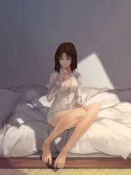 Rule 34 | 1girl, absurdres, bad feet, barefoot, bed, breasts, brown hair, cleavage, eating, food, food on face, haagen-dazs, highres, ice cream, kara no kyoukai, mao mao wansui, medium breasts, naked shirt, on bed, ryougi shiki, shirt, short hair, sitting, solo, spoon, toes