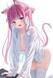 Rule 34 | 1girl, absurdres, ahoge, animal ears, aqua nails, bent over, blue hair, blush, braid, breasts, cat ears, cat girl, cat tail, cleavage, collarbone, collared shirt, colored inner hair, downblouse, dyed ahoge, fang, fingernails, groin, highres, hololive, kemonomimi mode, large breasts, light blue hair, long hair, long sleeves, looking at viewer, mei am0, minato aqua, multicolored hair, nail polish, no bra, no pants, open clothes, open mouth, open shirt, pink eyes, pink hair, ribbon, shirt, simple background, skin fang, sleeves past wrists, smile, solo, streaked hair, tail, tail ornament, tail ribbon, thighhighs, thighs, two-tone hair, two side up, unbuttoned, unbuttoned shirt, virtual youtuber, white background, white shirt, white thighhighs