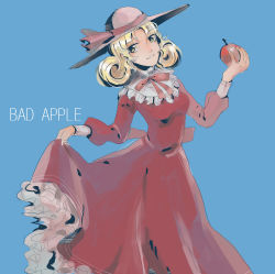 Rule 34 | 1girl, absurdres, apple, blonde hair, blue background, bow, breasts, clothes lift, collar, curly hair, dress, dress grab, dress lift, elly (touhou), english text, food, fruit, hat, hat bow, head tilt, highres, holding, holding food, holding fruit, long hair, long sleeves, looking to the side, red dress, seastar, simple background, smile, solo, teeth, touhou, touhou (pc-98), yellow eyes