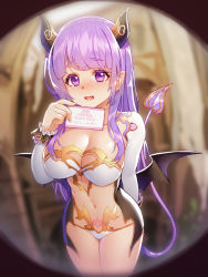 Rule 34 | 1girl, bad id, bad pixiv id, bat wings, blush, breasts, business card, cleavage, collarbone, commentary request, demon girl, demon tail, frilled sleeves, frills, horns, kibanda gohan, large breasts, locker, long hair, long sleeves, looking at viewer, navel, open mouth, original, pointy ears, pubic tattoo, purple eyes, purple hair, revealing clothes, solo, standing, tail, tattoo, wings
