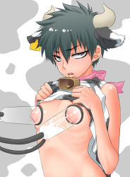 Rule 34 | 00s, 1girl, animal ears, animal print, bad id, bad pixiv id, bell, black hair, blush, breasts, clothes lift, cow ears, cow girl, cow print, cowbell, flat chest, genderswap, genderswap (mtf), gintama, hijikata toushirou, horns, inverted nipples, lactation, looking at viewer, milking machine, naughty face, nipples, puffy nipples, ribs, shirt lift, short hair, small breasts, solo, upper body, zantou