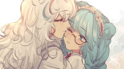 Rule 34 | 2girls, animal ears, arknights, bear ears, blue eyes, blue hair, blush, closed mouth, feathers, from side, headdress, istina (arknights), istina (bibliosmia) (arknights), kiss, kissing cheek, long hair, monocle, multicolored hair, multiple girls, official alternate costume, one eye closed, pentagon (shape), red hair, red neckwear, rosa (arknights), streaked hair, upper body, white hair, ya kexi, yuri