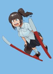 Rule 34 | 1girl, absurdres, black skirt, blue background, bright pupils, brown eyes, brown footwear, brown hair, chanta (ayatakaoisii), collared shirt, highres, holding, holding suitcase, open mouth, original, pleated skirt, ponytail, round teeth, shirt, shoes, short sleeves, simple background, skiing, skirt, skis, socks, solo, suitcase, teeth, white pupils, white shirt, white socks, wing collar