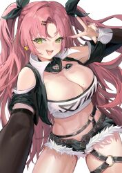 1girl :d absurdres bare_shoulders black_ribbon black_shorts breasts cleavage clothing_cutout cutoffs green_eyes hair_ornament hair_ribbon hairclip highres large_breasts liuli_xiao long_hair long_sleeves looking_at_viewer midriff navel nicole_demara open_fly open_mouth pink_hair ribbon short_shorts shorts shoulder_cutout smile stomach strapless thighs tube_top two_side_up very_long_hair zenless_zone_zero