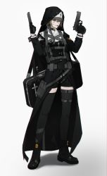 Rule 34 | 1girl, beretta 92, blonde hair, boots, bullet, bullet in mouth, cross, cross necklace, cross scar, dual wielding, finger on trigger, gloves, grey hair, gun, habit, handgun, harness, highres, holding, holding gun, holding weapon, jewelry, latin cross, multicolored hair, necklace, nilzynox, nun, original, scar, scar on face, shorts, solo, streaked hair, thighhighs, two-tone hair, weapon, weapon case, weapon request