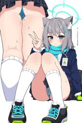 Rule 34 | 1girl, animal ear fluff, animal ears, ass, black footwear, black jacket, blue archive, blue eyes, blush, cameltoe, closed mouth, commentary request, female pubic hair, gloves, hair ornament, halo, highres, jacket, k-y, kneehighs, long hair, long sleeves, looking at viewer, multiple views, panties, pantyshot, plaid, plaid skirt, pubic hair, scarf, school uniform, see-through, shiroko (blue archive), shirt, shoes, simple background, single glove, sitting, skirt, socks, sweat, thighs, translation request, underwear, v, white background