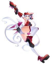 Rule 34 | 1girl, absurdres, armpits, ass, breasts, clenched teeth, elbow gloves, floating hair, from below, full body, gloves, gun, headgear, highres, holding, holding gun, holding weapon, large breasts, leg up, long hair, nyanmaru, panties, purple eyes, red footwear, senki zesshou symphogear, silver hair, simple background, solo, teeth, thighhighs, twintails, underwear, v-shaped eyebrows, very long hair, weapon, white background, white gloves, white panties, white thighhighs, yukine chris