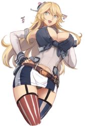 Rule 34 | 10s, 1girl, american flag legwear, asymmetrical legwear, bare shoulders, black panties, blonde hair, blue eyes, breasts, cleavage, cowboy shot, detached sleeves, elbow gloves, fairy (kancolle), fingerless gloves, from below, front-tie top, garter straps, gloves, hair between eyes, hand on own chest, hand on own hip, iowa (kancolle), kantai collection, large breasts, long hair, looking to the side, mini person, minigirl, miniskirt, mismatched legwear, open mouth, panties, pantyshot, skirt, solo, standing, star-shaped pupils, star (symbol), striped clothes, striped thighhighs, symbol-shaped pupils, thighhighs, thighs, underwear, utopia, vertical-striped clothes, vertical-striped thighhighs, zettai ryouiki