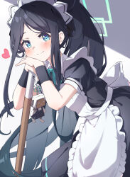 Rule 34 | &lt;key&gt; (robot) (blue archive), 1girl, apron, aris (blue archive), aris (maid) (blue archive), band (skymole01), black hair, blue archive, blue eyes, blush, broom, closed mouth, halo, heart, highres, holding, holding broom, long hair, looking at viewer, maid, maid apron, maid headdress, official alternate costume, ponytail, short sleeves, sidelocks, smile, very long hair