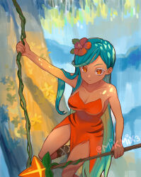 Rule 34 | 1girl, bare shoulders, blue hair, breasts, cleavage, closed mouth, collarbone, cookie run, dark-skinned female, dark skin, expressionless, facial mark, flower, hair flower, hair ornament, humanization, jungle, large breasts, long hair, looking at viewer, mikmix, nature, plant, red eyes, solo, thick thighs, thighs, tiger lily cookie, tree, very long hair, vines
