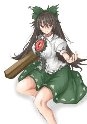 Rule 34 | 1girl, absurdres, black hair, bow, breasts, feet out of frame, frilled skirt, frills, green bow, green skirt, hair bow, highres, kuraki, long hair, puffy short sleeves, puffy sleeves, red eyes, reiuji utsuho, short sleeves, skirt, smile, solo, third eye, touhou, white background, wings