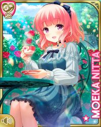 Rule 34 | 1girl, black bow, blue dress, bow, card, character name, choker, day, dress, flower, frilled dress, frills, garden, girlfriend (kari), hair bow, looking at viewer, nitta moeka, official art, open mouth, outdoors, pink hair, purple eyes, qp:flapper, red flower, red rose, rose, short hair, sitting, smile, tagme