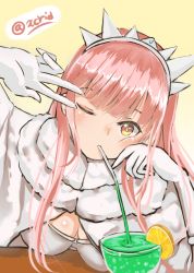 Rule 34 | 1girl, blunt bangs, drinking, drinking straw, fate/grand order, fate (series), food, fruit, fur trim, gloves, highres, i.f.s.f, lemon, long hair, medb (fate), medb (first ascension) (fate), one eye closed, pink hair, solo, tiara, yellow eyes