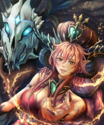Rule 34 | 1girl, armlet, bare shoulders, blue eyes, blurry, blush, breasts, brown eyes, cleavage, crown, demon girl, demon wings, depth of field, female focus, fingernails, highres, horns, large breasts, long fingernails, long hair, looking at viewer, outstretched arm, parted lips, pointy ears, puzzle &amp; dragons, red hair, scarlet (p&amp;d), shoichi (ekakijin), skull, solo, third eye, upper body, wings