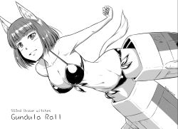 Rule 34 | 1girl, animal ears, bikini, blunt bangs, blush, brave witches, breasts, character name, cleavage, collarbone, covered erect nipples, dog ears, dog tail, female focus, fumie umetora, greyscale, groin, gundula rall, large breasts, monochrome, monochrome background, navel, parted lips, shiny clothes, short hair, side-tie bikini bottom, simple background, smile, solo, striker unit, swimsuit, tail, white background, world witches series