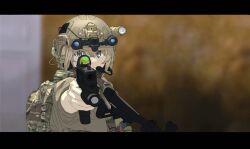 Rule 34 | 1girl, absurdres, aiming, aiming at viewer, assault rifle, backpack, bag, bandana around neck, behind-the-head headphones, blonde hair, blurry, blurry background, brown bandana, brown headwear, brown shirt, camouflage, camouflage bag, closed mouth, combat helmet, commentary, flashlight, from side, glock, grey eyes, gun, handgun, headlamp, headphones, headset, helmet, highres, holding, holding gun, holding weapon, laser sight, letterboxed, load bearing vest, looking at viewer, looking to the side, m4 carbine, microphone, optical sight, original, outstretched arm, reflex sight, rifle, shirt, short hair, sleeves rolled up, solo, soutou nagi, tactical clothes, upper body, v-shaped eyebrows, weapon