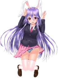 Rule 34 | 1girl, :3, :d, animal ears, blazer, blush, brown footwear, buttons, clothes lift, collared shirt, crescent, eyebrows, full body, gluteal fold, hair between eyes, hands up, highres, jacket, jumping, knees together feet apart, light purple hair, loafers, long hair, long sleeves, looking at viewer, miniskirt, necktie, open mouth, panties, pantyshot, pleated skirt, purple hair, rabbit ears, rabbit pose, red eyes, red necktie, reisen udongein inaba, shirt, shoes, simple background, skirt, skirt lift, smile, solo, striped clothes, striped panties, thigh gap, thighhighs, touhou, u2 (5798239), underwear, upskirt, very long hair, white background, white shirt, white thighhighs