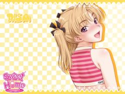 Rule 34 | 1girl, :d, bikini, blonde hair, blush, character name, character single, checkered background, copyright name, flat chest, from behind, from side, game cg, hair ribbon, happy, head tilt, kiriyama taichi, logo, looking at viewer, looking back, nose blush, open mouth, parted bangs, pink bikini, purple eyes, ribbon, shadow, short twintails, smile, solo, sports bikini, striped bikini, striped clothes, sweet home, swimsuit, tankini, tomosato risa, twintails