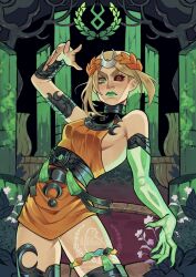 Rule 34 | 1girl, ancient greek clothes, asymmetrical arms, black sclera, bone, cloud, colored sclera, commentary, dress, english commentary, glowing arm, greco-roman clothes, green lips, hades (series), hades 2, highres, laurel crown, lilbluubird, looking at viewer, melinoe (hades), mismatched sclera, orange dress, see-through body, short hair, skeletal arm, solo