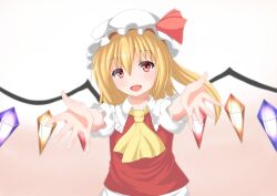 Rule 34 | 1girl, ascot, blonde hair, brown background, collared shirt, crystal, fang, flandre scarlet, frilled shirt collar, frilled sleeves, frills, gradient background, hair between eyes, hat, hat ribbon, head tilt, higashine youmu, highres, long hair, looking at viewer, mob cap, multicolored wings, open mouth, outstretched arms, red eyes, red ribbon, red vest, ribbon, shirt, simple background, solo, touhou, upper body, vest, white background, white hat, white shirt, wings, yellow ascot