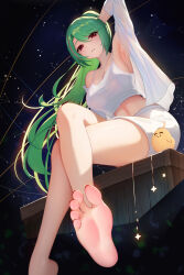 Rule 34 | 1girl, arm up, armpits, azur lane, barefoot, blush, breasts, bush, cleavage, collarbone, crossed legs, feet, foot focus, foreshortening, from below, green hair, highres, large breasts, littorio (azur lane), littorio (lounging emerald) (azur lane), long hair, looking at viewer, looking down, manjuu (azur lane), navel, nekoda (maoda), official alternate costume, parted lips, ponytail, presenting foot, red eyes, shirt, short shorts, shorts, sitting, smile, soles, thighs, toes, white shirt, white shorts