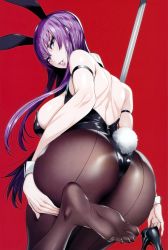 Rule 34 | 1girl, absurdres, animal ears, ass, back, bare shoulders, black leotard, black pantyhose, blue eyes, breasts, busujima saeko, deep skin, fake animal ears, feet, fei (maidoll), from behind, high heels, highres, highschool of the dead, huge ass, large breasts, leg up, leotard, lips, lipstick, long hair, looking back, makeup, pantyhose, parted lips, playboy bunny, pole, purple hair, rabbit ears, rabbit tail, red background, scan, shiny clothes, shoes, unworn shoes, shoulder blades, sidelocks, solo, stripper pole, tail, toes, wrist cuffs