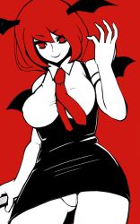 Rule 34 | &gt;:), alternate hair length, alternate hairstyle, arm up, bat wings, black dress, book, breasts, burikarun, commentary request, contrapposto, cowboy shot, dress, head wings, highres, holding, holding book, koakuma, large breasts, limited palette, looking at viewer, necktie, panties, pantyshot, red background, red eyes, red hair, red necktie, short hair, short sleeves, simple background, smile, solo, standing, touhou, underbust, underwear, v-shaped eyebrows, white panties, wings