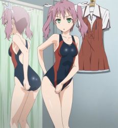 Rule 34 | 1girl, ass, competition swimsuit, full-length mirror, green eyes, mayo chiki!, mirror, one-piece swimsuit, purple hair, reflection, school uniform, screencap, stitched, swimsuit, thigh gap, third-party edit, twintails, usami masamune