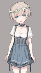 Rule 34 | 10s, 1girl, alternate costume, apron, blue apron, blue eyes, blush, colored eyelashes, cross, detached collar, dirndl, flower, framed breasts, german clothes, hair flower, hair ornament, head wreath, iron cross, kantai collection, looking at viewer, minamura haruki, open mouth, short hair, short sleeves, silver hair, simple background, smile, solo, z1 leberecht maass (kancolle)